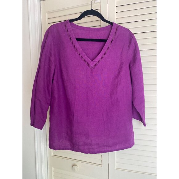 None Detected Tops - Purple Linen V-Neck 3/4 Sleeve Blouse Women's Loose Fit Size L